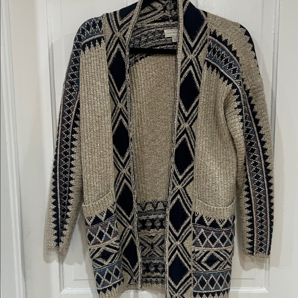 Lucky Brand Tan and Navy Patterned Cardigan